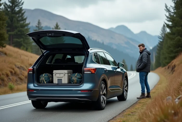 Un Volkswagen ID.7 Tourer break électrique coffre ouvert chargé de sacs de ski sur une route de montagne, homme debout à côté