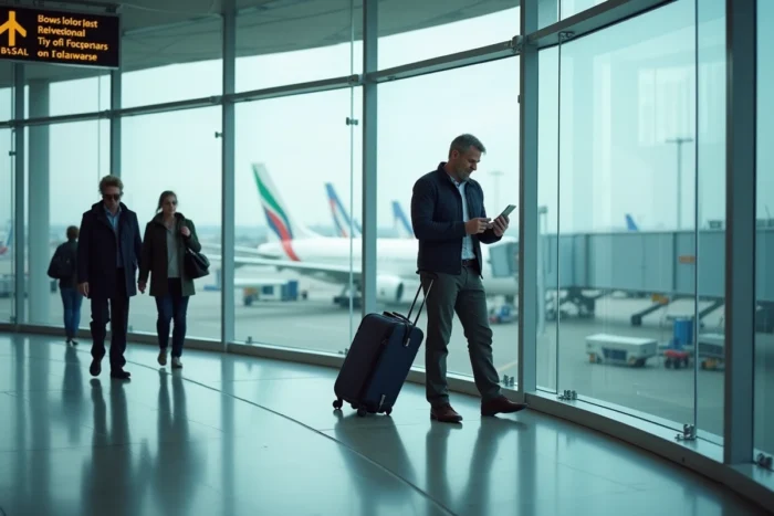 Voyageur consultant son application de voyage dans un terminal d'aéroport international