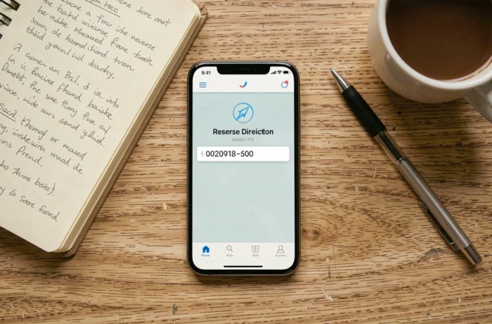 Vue aérienne d'un smartphone affichant un annuaire inversé gratuit posé sur un bureau en bois avec un carnet de notes manuscrites