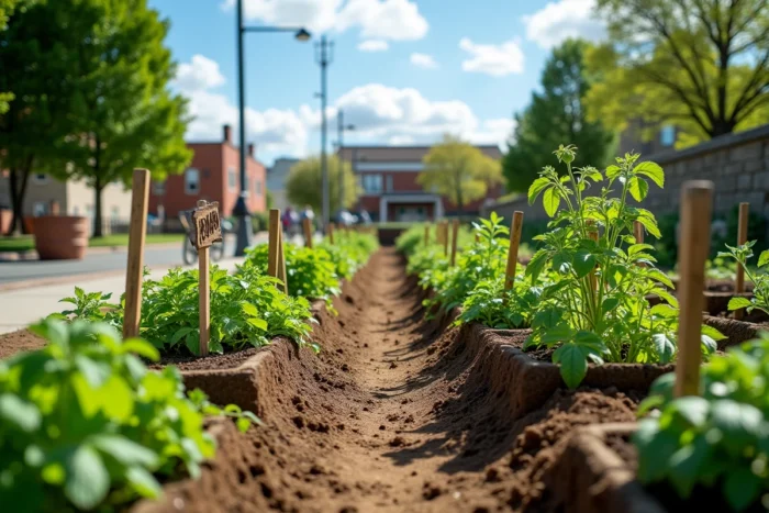 Vue panoramique d'un jardin familial communal bien entretenu avec des parcelles potagères variées au printemps